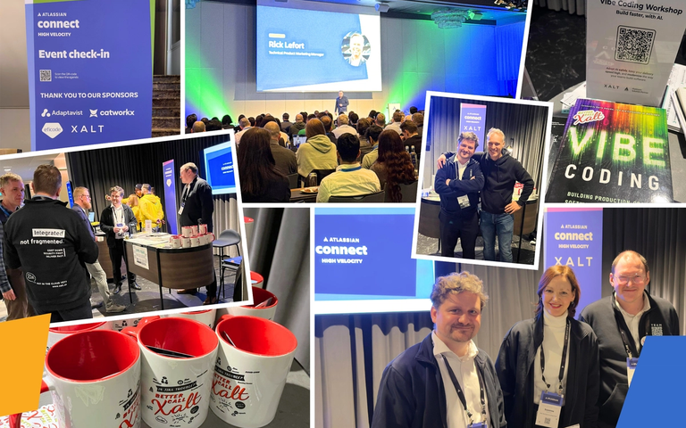 Collage vom Atlassian Connect High Velocity Event: Vortragender auf Bühne, Teilnehmer, Sponsoren-Banner von Adaptivestwist, catworx und XALT.
