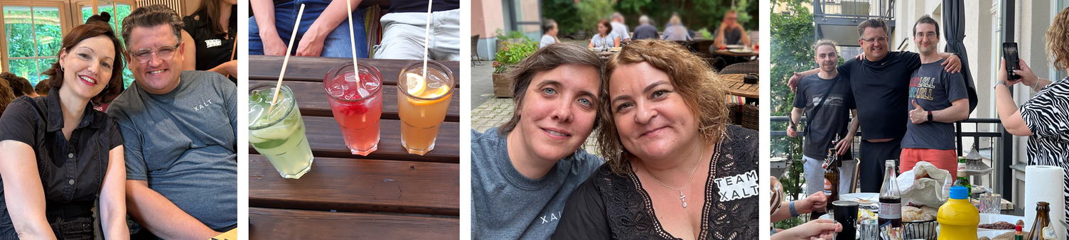 Vier Fotos vom XALT-Sommerfest: Kolleginnen und Kollegen im Gespräch, drei bunte Sommergetränke auf einem Holztisch, eine Gruppe im Biergarten