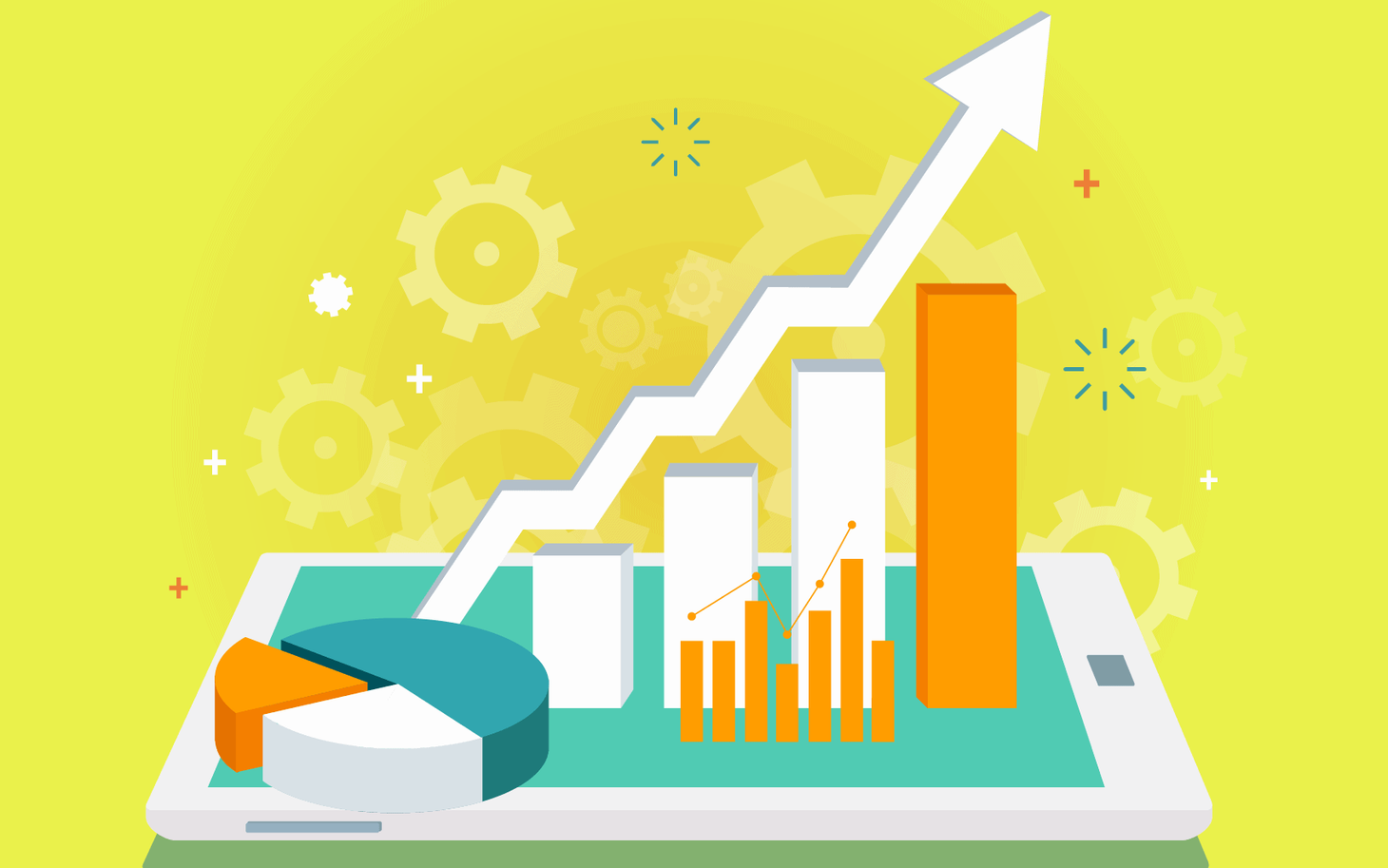 Illustration von Reporting-Dashboards mit Balkendiagramm, Tortendiagramm und aufwärtsgerichteter Trendlinie auf einem Tablet.