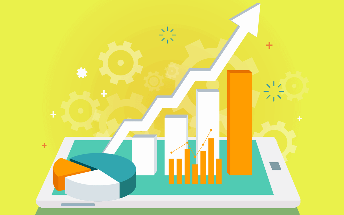 Illustration von Reporting-Dashboards mit Balkendiagramm, Tortendiagramm und aufwärtsgerichteter Trendlinie auf einem Tablet.
