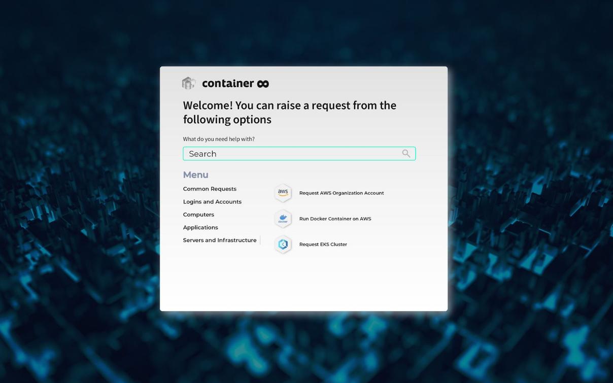 Self-Service-Portal-Oberfläche container mit Suchleiste und Anfrage-Menü für AWS, Docker und EKS.