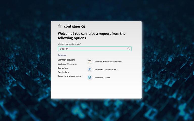 Self-Service-Portal-Oberfläche container mit Suchleiste und Anfrage-Menü für AWS, Docker und EKS.