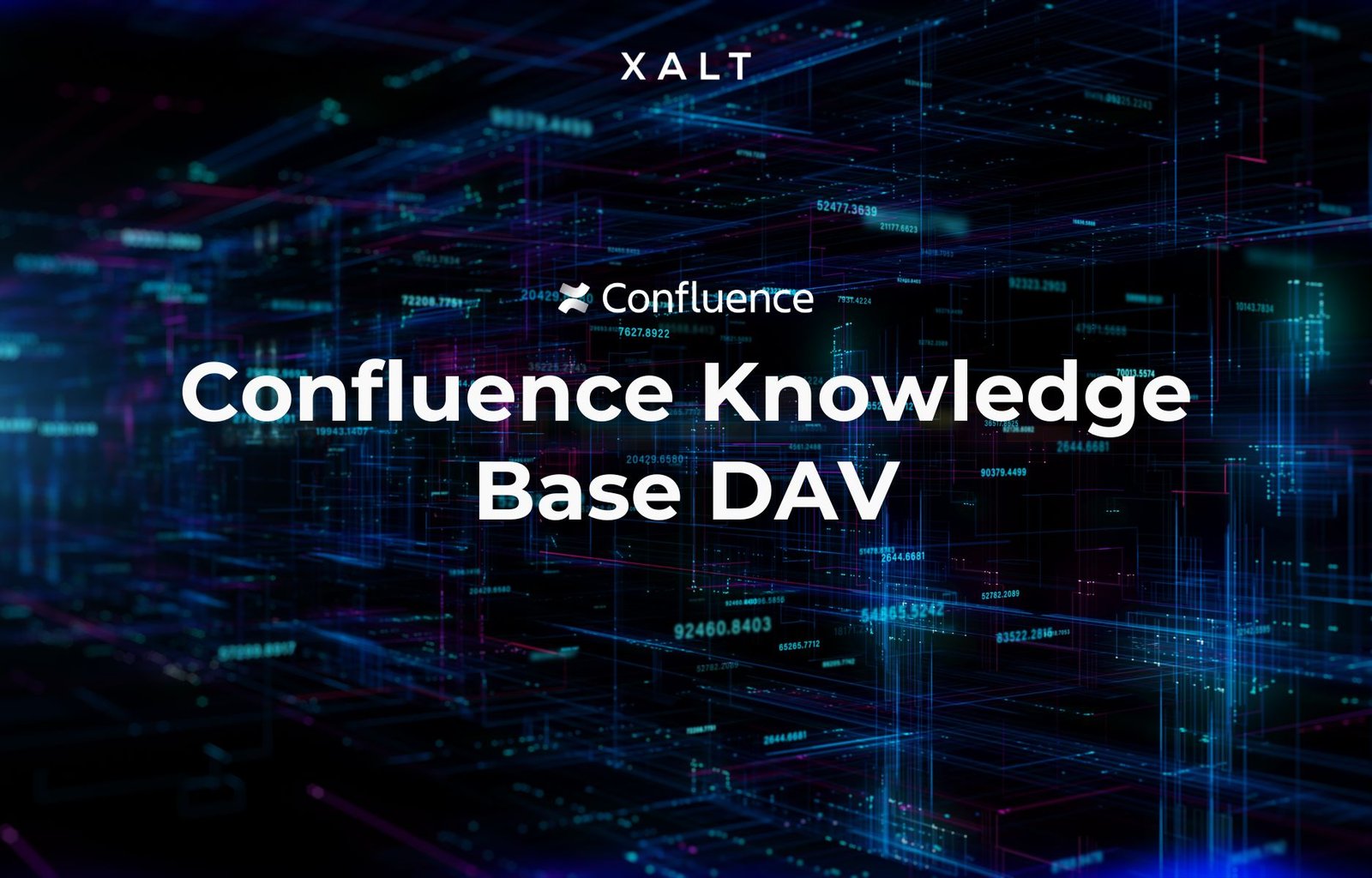 Schriftzug „Confluence Knowledge Base DAV“ mit Confluence- und XALT-Logo vor einer dunkelblauen Grafik aus Datenlinien und Zahlen