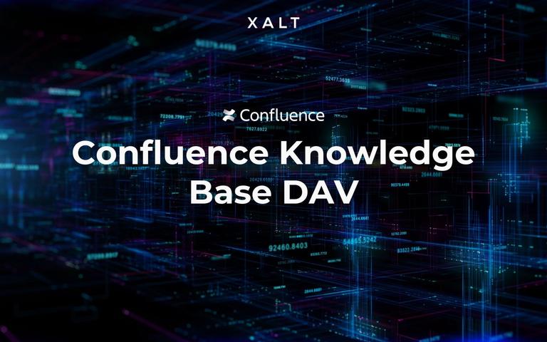 Schriftzug „Confluence Knowledge Base DAV“ mit Confluence- und XALT-Logo vor einer dunkelblauen Grafik aus Datenlinien und Zahlen