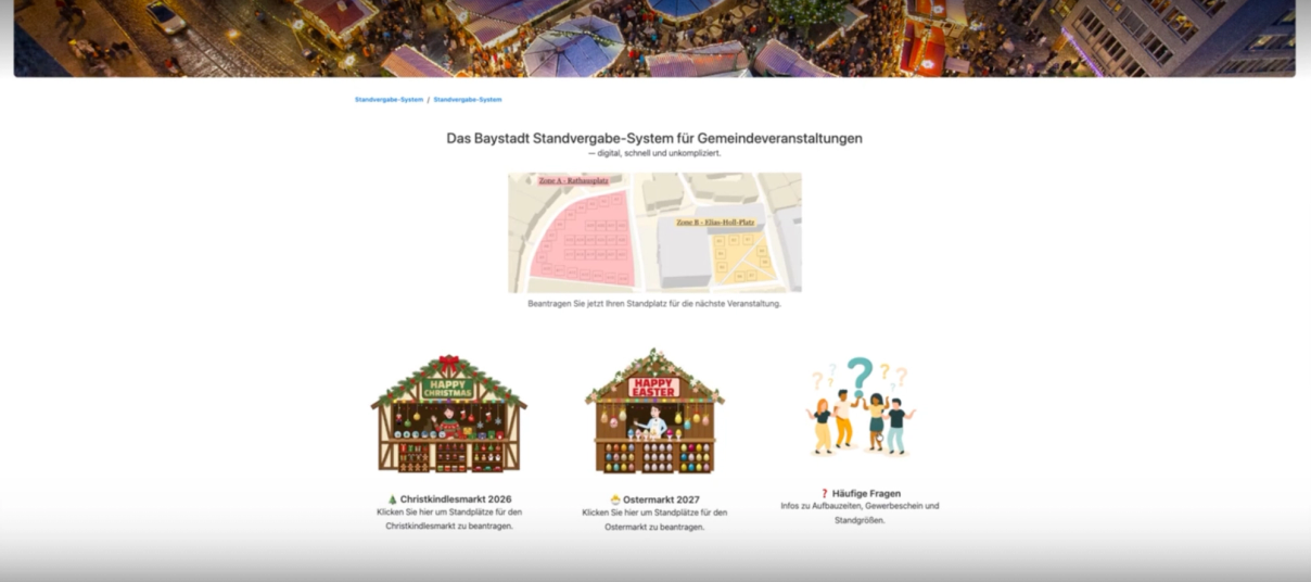 Startseite des Standvergabe-Portals mit Zonenkarte