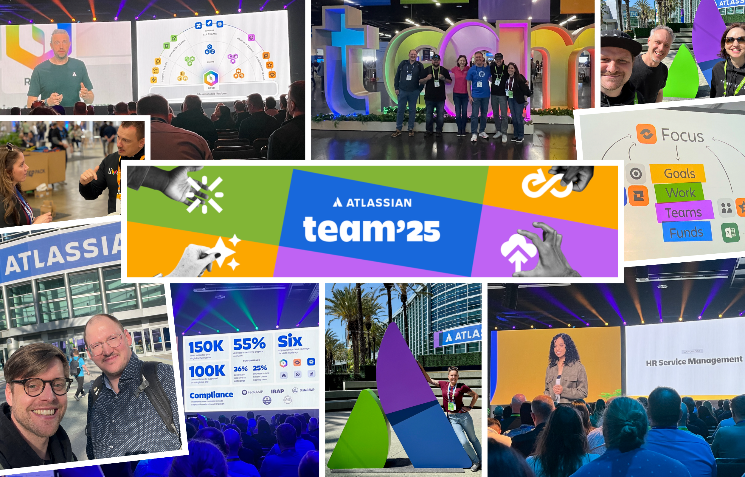 Collage aus Atlassian team"25 Konferenz: Teamfotos, Keynotes, Präsentationen und Event-Momente mit buntem Branding.