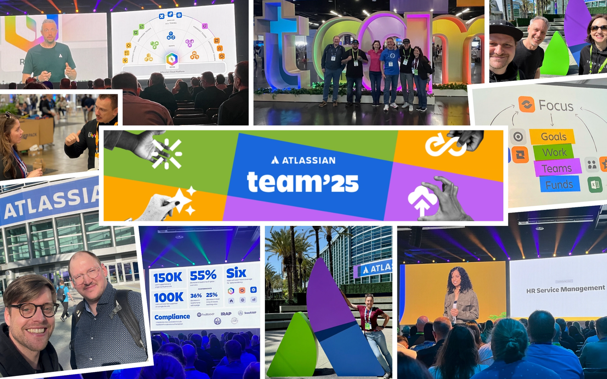 Collage aus Atlassian team"25 Konferenz: Teamfotos, Keynotes, Präsentationen und Event-Momente mit buntem Branding.