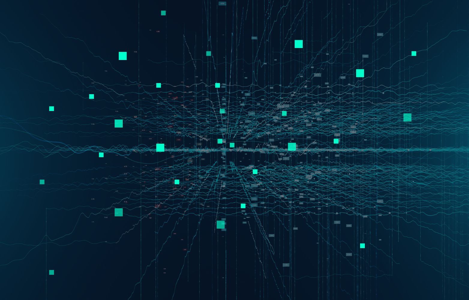 Abstrakte Datenvisualisierung mit türkisfarbenen Knotenpunkten und Verbindungslinien auf dunklem Hintergrund, symbolisiert IT-Asset-Management-Daten.