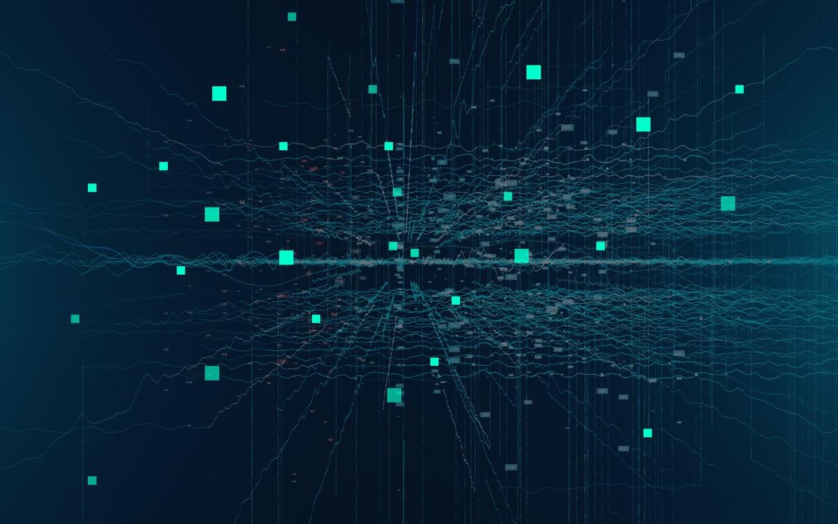 Abstrakte Datenvisualisierung mit türkisfarbenen Knotenpunkten und Verbindungslinien auf dunklem Hintergrund, symbolisiert IT-Asset-Management-Daten.