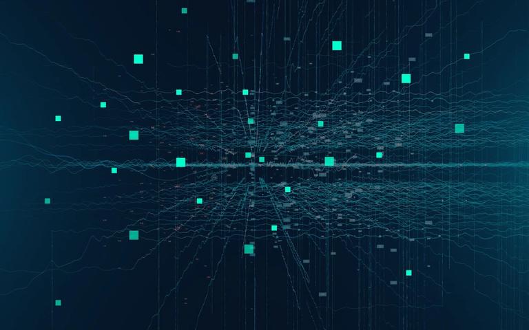 Abstrakte Datenvisualisierung mit türkisfarbenen Knotenpunkten und Verbindungslinien auf dunklem Hintergrund, symbolisiert IT-Asset-Management-Daten.