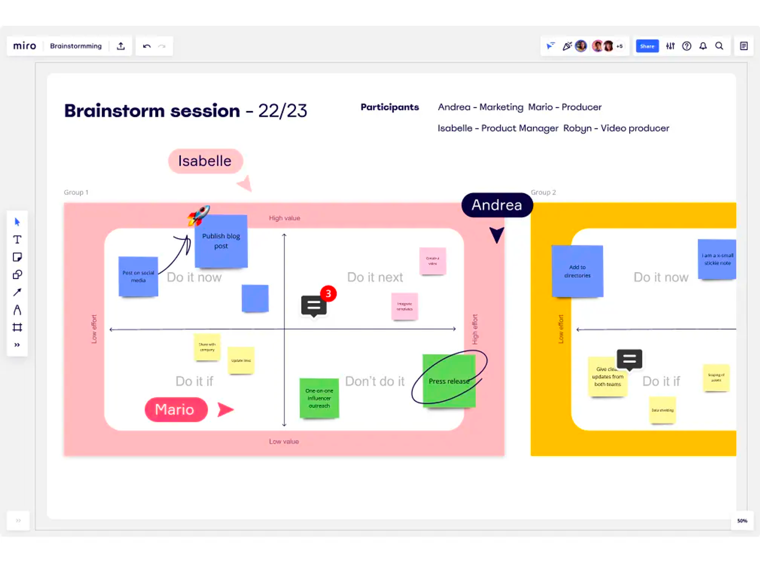 Miro board of a brainstorming session with sticky notes in an effort-value matrix