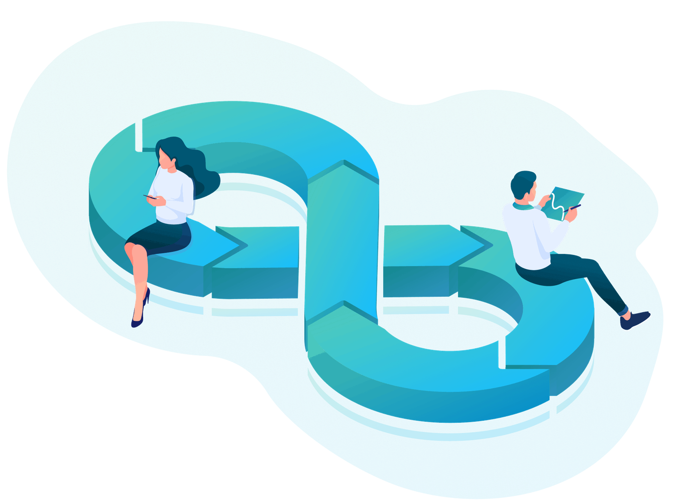 Isometric illustration: a woman with a pen and a man with a tablet sitting on a large curved arrow