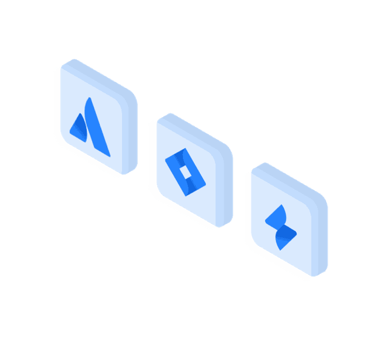 Drei isometrische Kacheln mit Atlassian-Produktzeichen, für Lizenzverwaltung