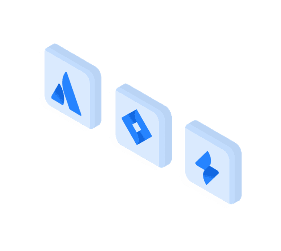 Drei isometrische Kacheln mit Atlassian-Produktzeichen, für Lizenzverwaltung