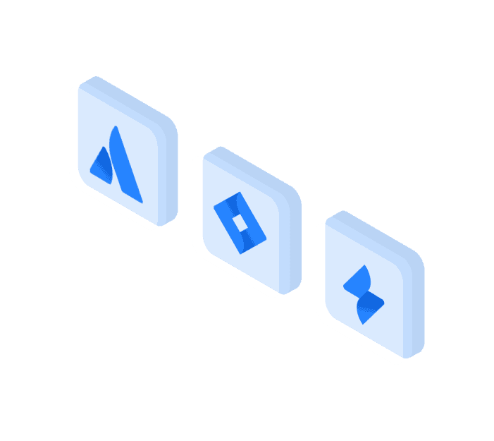 Drei isometrische Kacheln mit Atlassian-Produktzeichen, für Lizenzverwaltung
