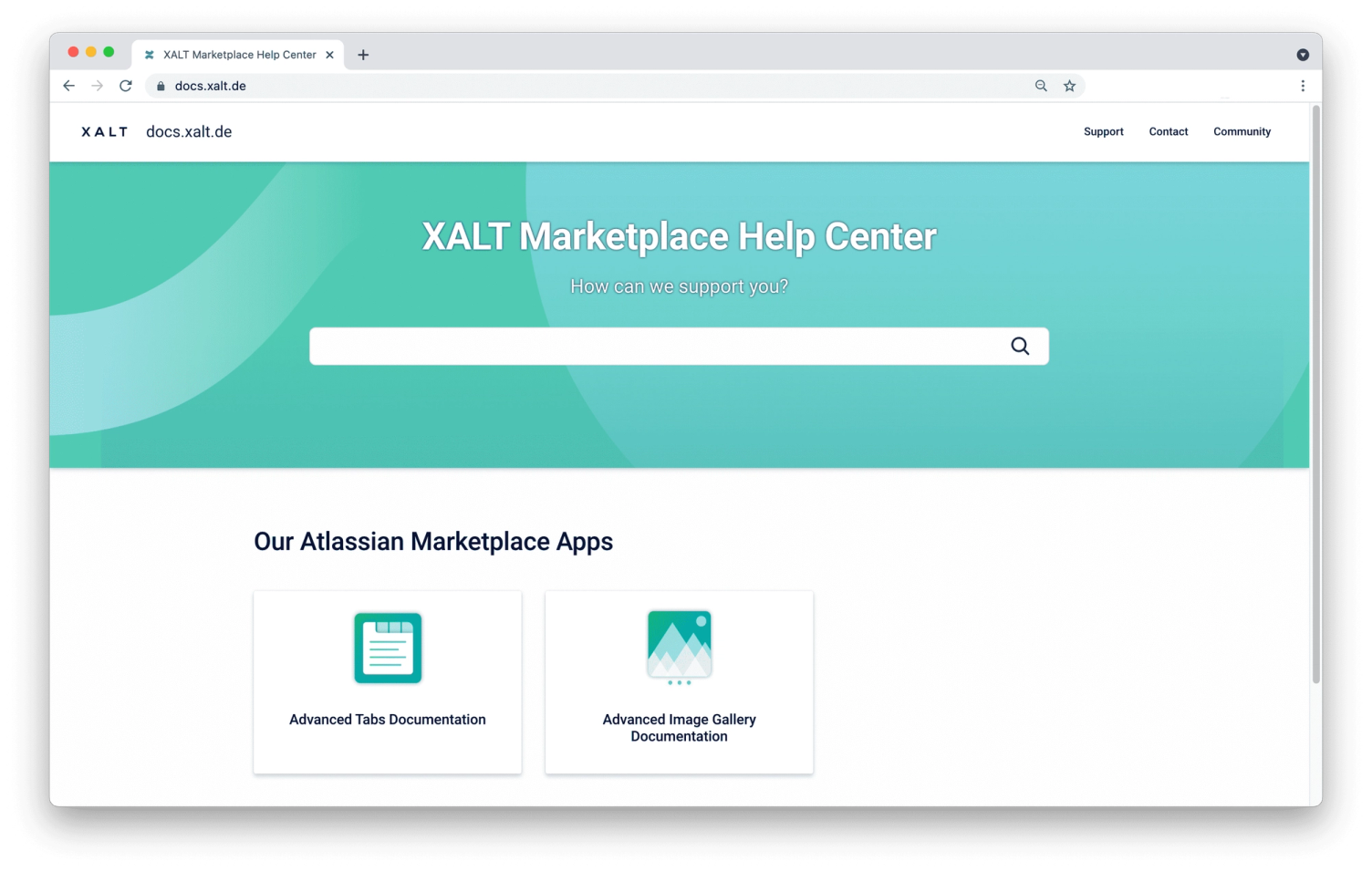 Startseite des XALT Marketplace Help Center auf docs.xalt.de mit Suchfeld und Kacheln für die Dokumentationen von Advanced Tabs und Advanced Image Gallery