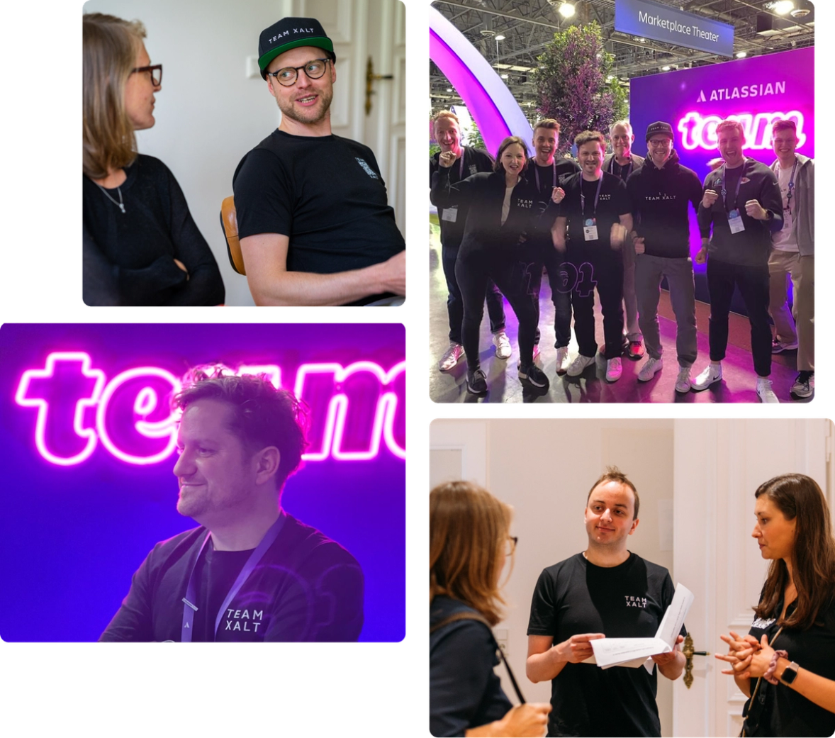 Eine Collage aus vier Fotos von Teammitgliedern auf einer Messe, im Gespräch und als Gruppe vor einem Atlassian-Stand