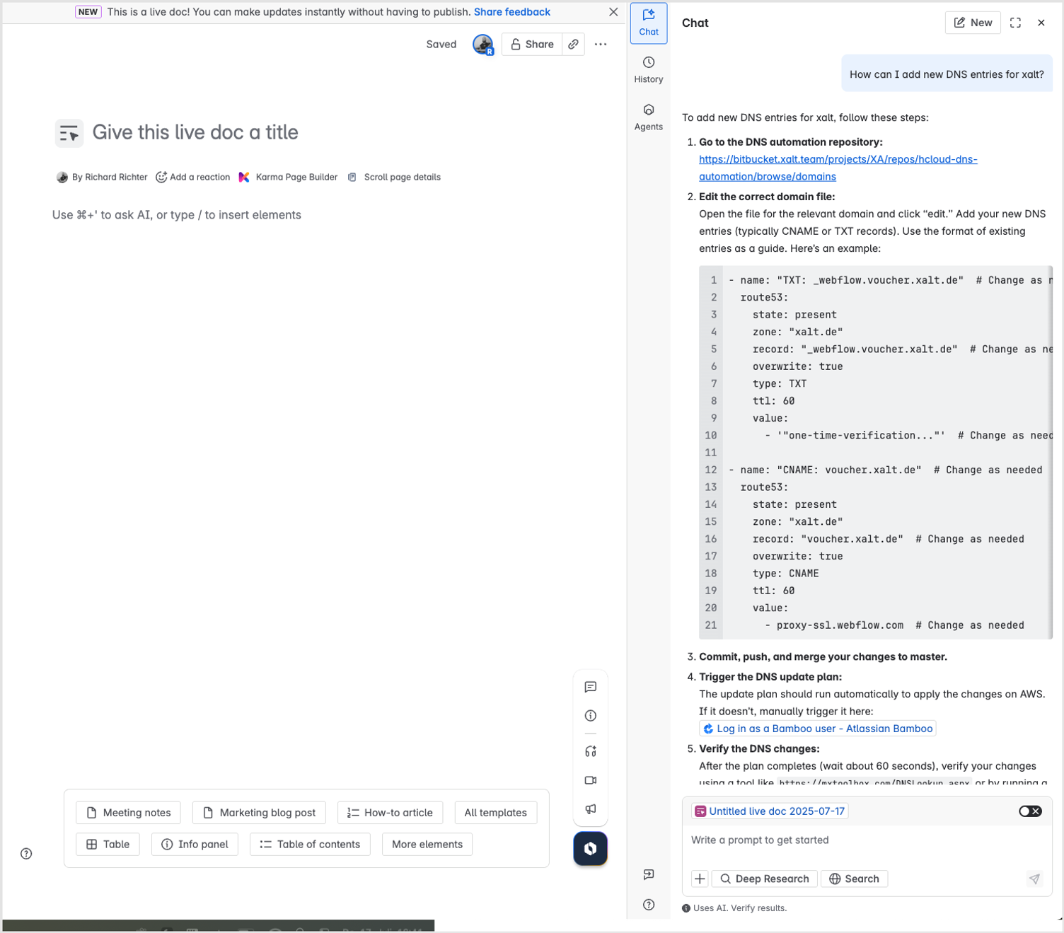 Screenshot eines Confluence Live Doc mit leerem Dokument, daneben ein Rovo-Chat, der Schritt für Schritt erklärt, wie neue DNS-Einträge angelegt werden, samt YAML-Beispiel