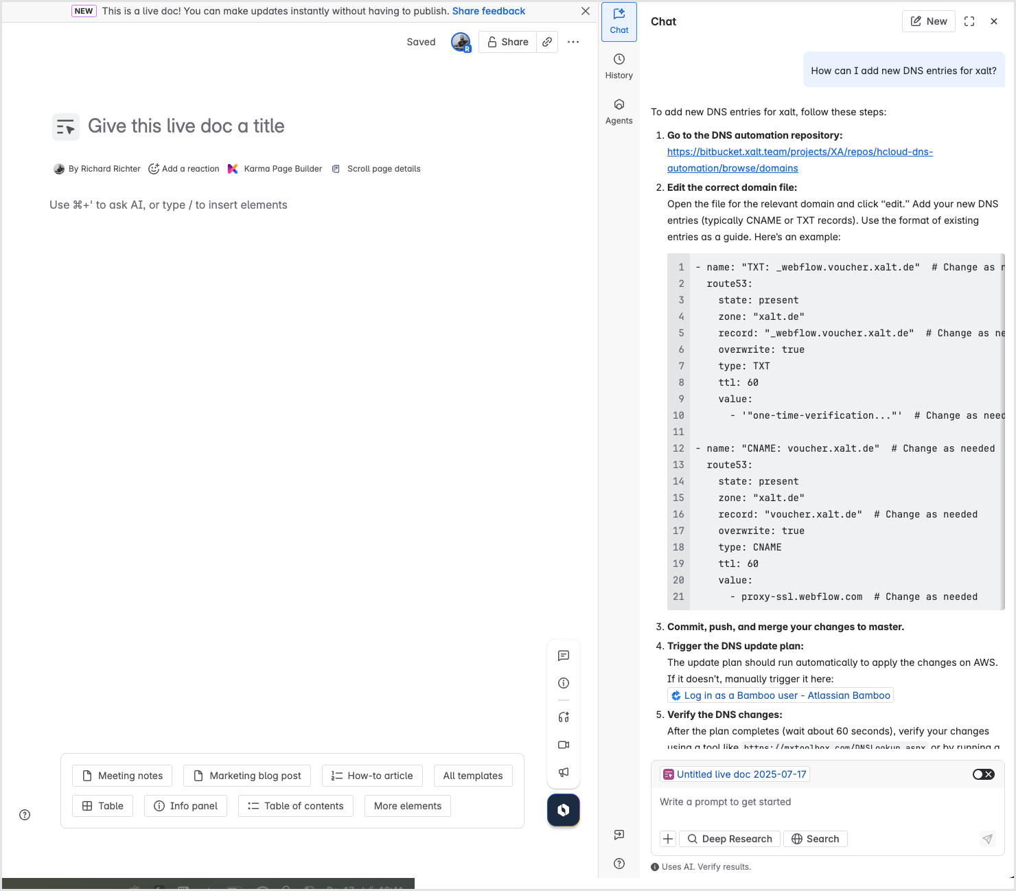 Screenshot eines Confluence Live Doc mit leerem Dokument, daneben ein Rovo-Chat, der Schritt für Schritt erklärt, wie neue DNS-Einträge angelegt werden, samt YAML-Beispiel