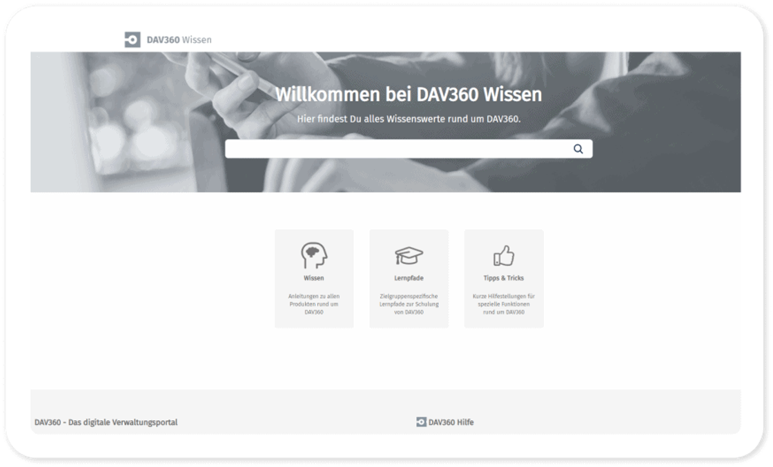 Startseite von DAV360 Wissen mit Suchfeld und drei Kacheln: Wissen, Lernpfade, Tipps & Tricks