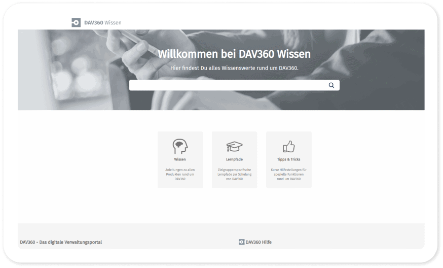 Startseite von DAV360 Wissen mit Suchfeld und drei Kacheln: Wissen, Lernpfade, Tipps & Tricks