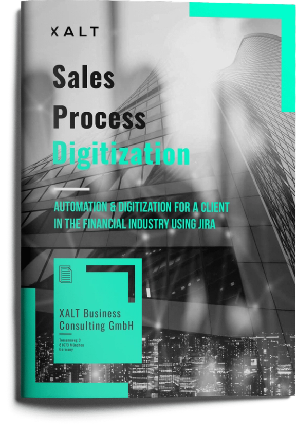 Titelblatt der Case Study "Sales Process Digitization" von XALT, im Hintergrund ein Hochhaus in Schwarzweiss