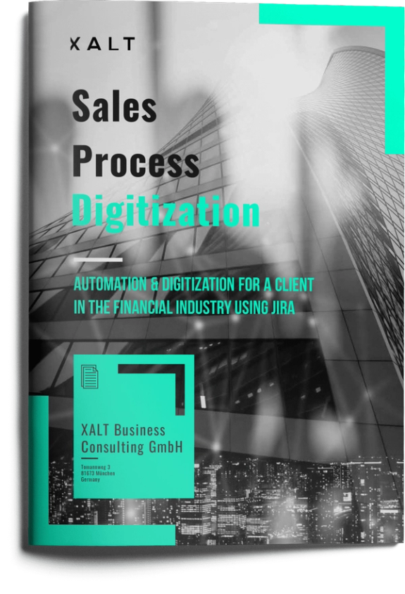 Titelblatt der Case Study "Sales Process Digitization" von XALT, im Hintergrund ein Hochhaus in Schwarzweiss