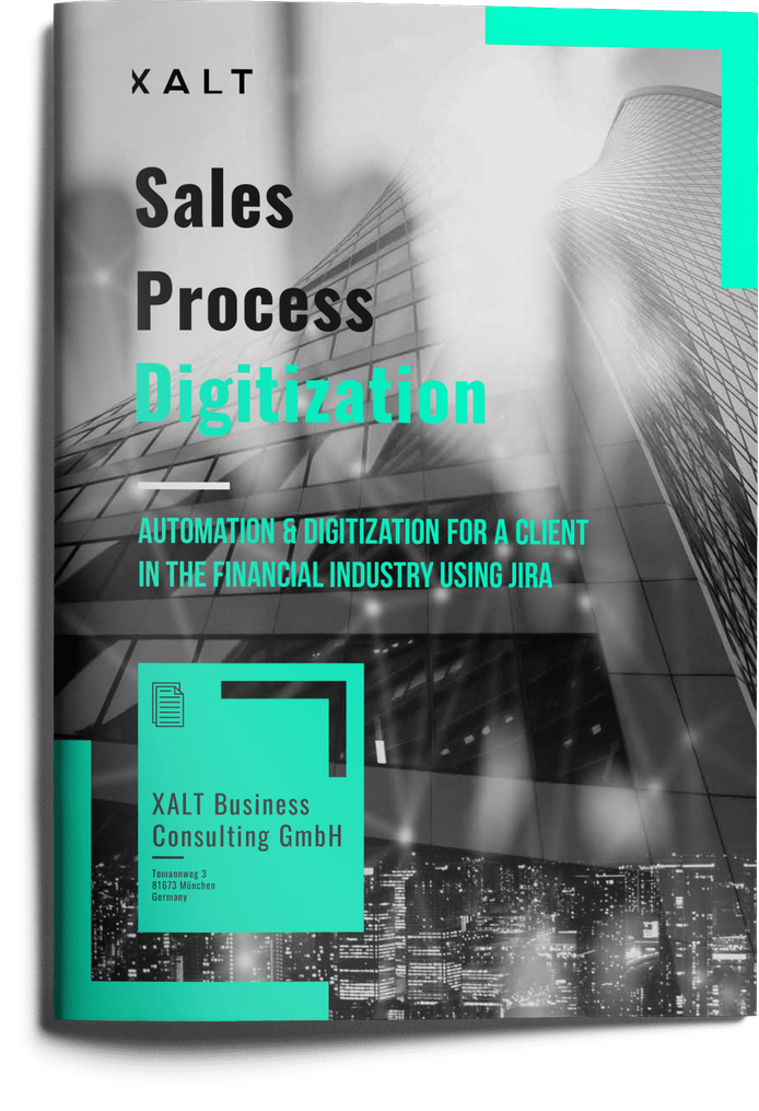 Titelblatt der Case Study "Sales Process Digitization" von XALT, im Hintergrund ein Hochhaus in Schwarzweiss