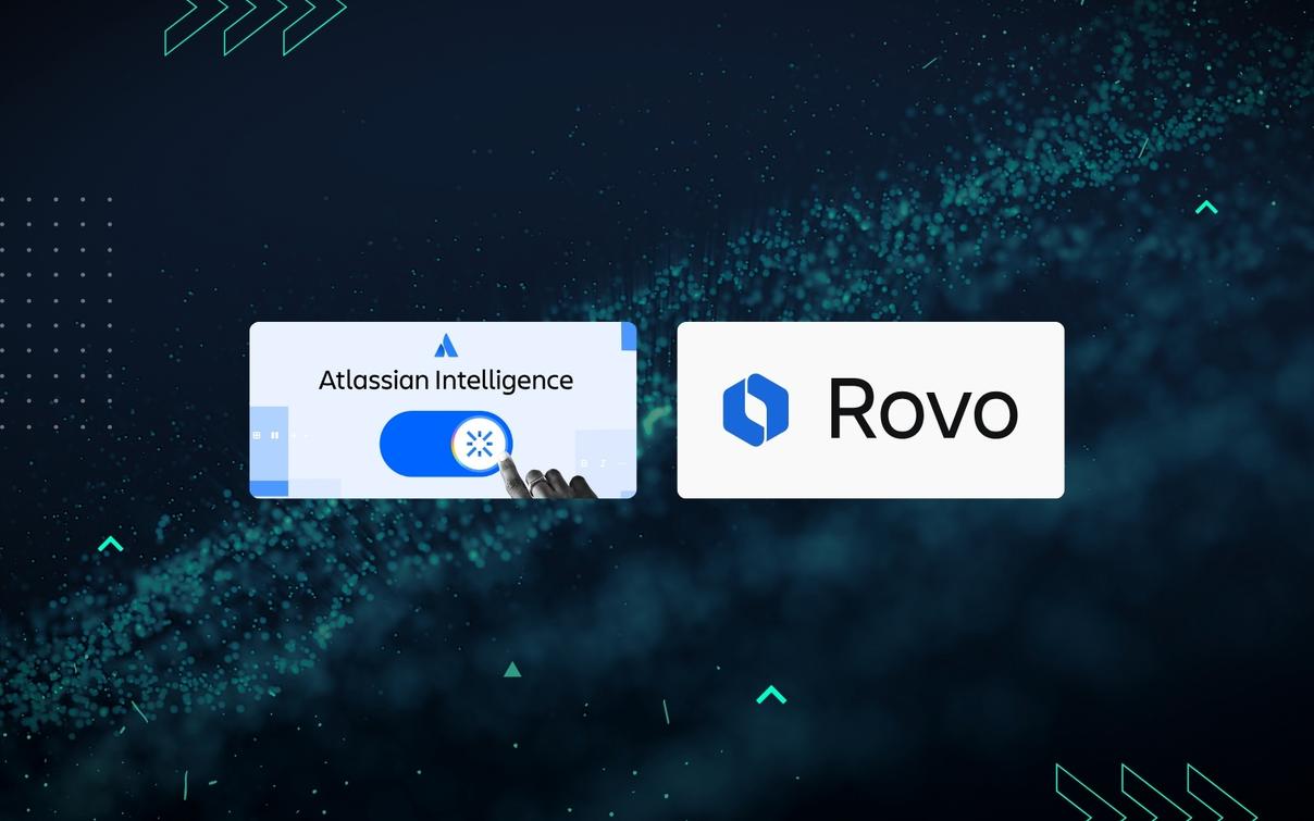 Dunkelblaues Hintergrundbild mit KI-Schaltung und Atlassian Intelligence Toggle, daneben das Rovo-Logo von Atlassian.