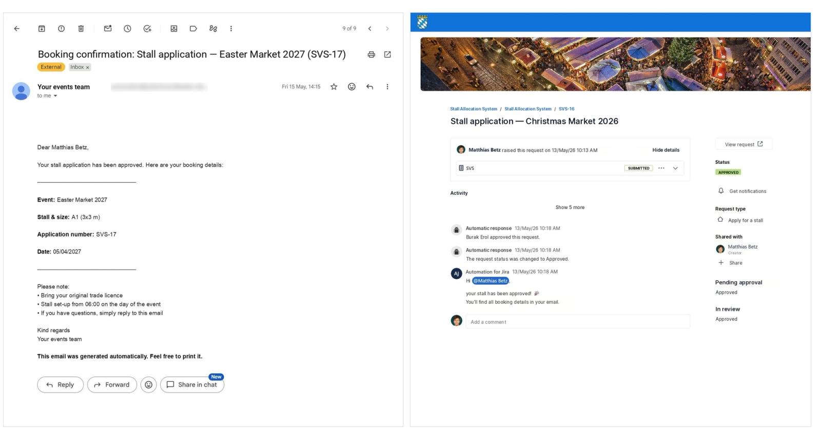 Automatic confirmation email and request history in the customer portal