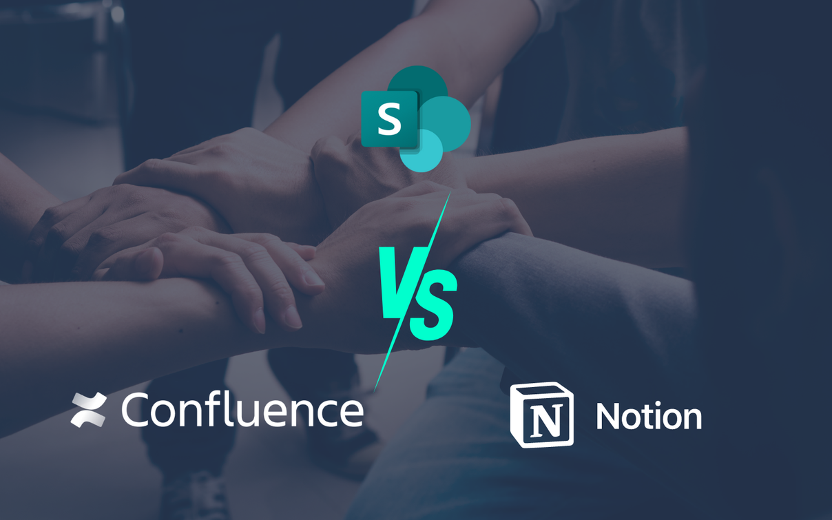SharePoint, Confluence und Notion Logos über verschränkten Händen mit großem VS-Zeichen in der Mitte.