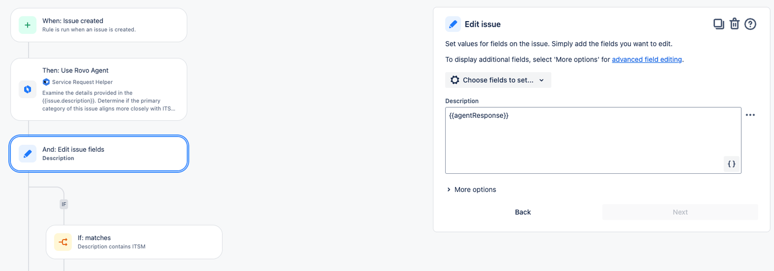 Screenshot einer Jira-Automatisierungsregel: links die Schritte von „Issue created" über „Use Rovo Agent" zu „Edit issue fields", rechts die Konfiguration des Beschreibungsfelds mit der Variablen agentResponse