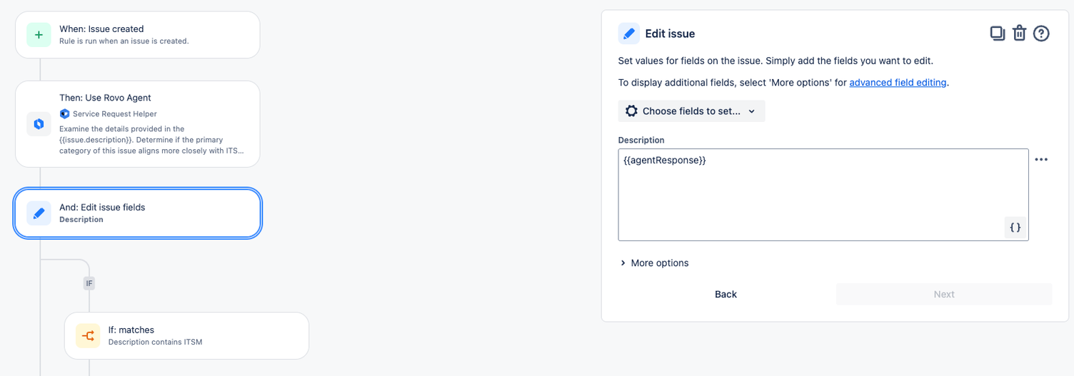 Screenshot einer Jira-Automatisierungsregel: links die Schritte von „Issue created" über „Use Rovo Agent" zu „Edit issue fields", rechts die Konfiguration des Beschreibungsfelds mit der Variablen agentResponse