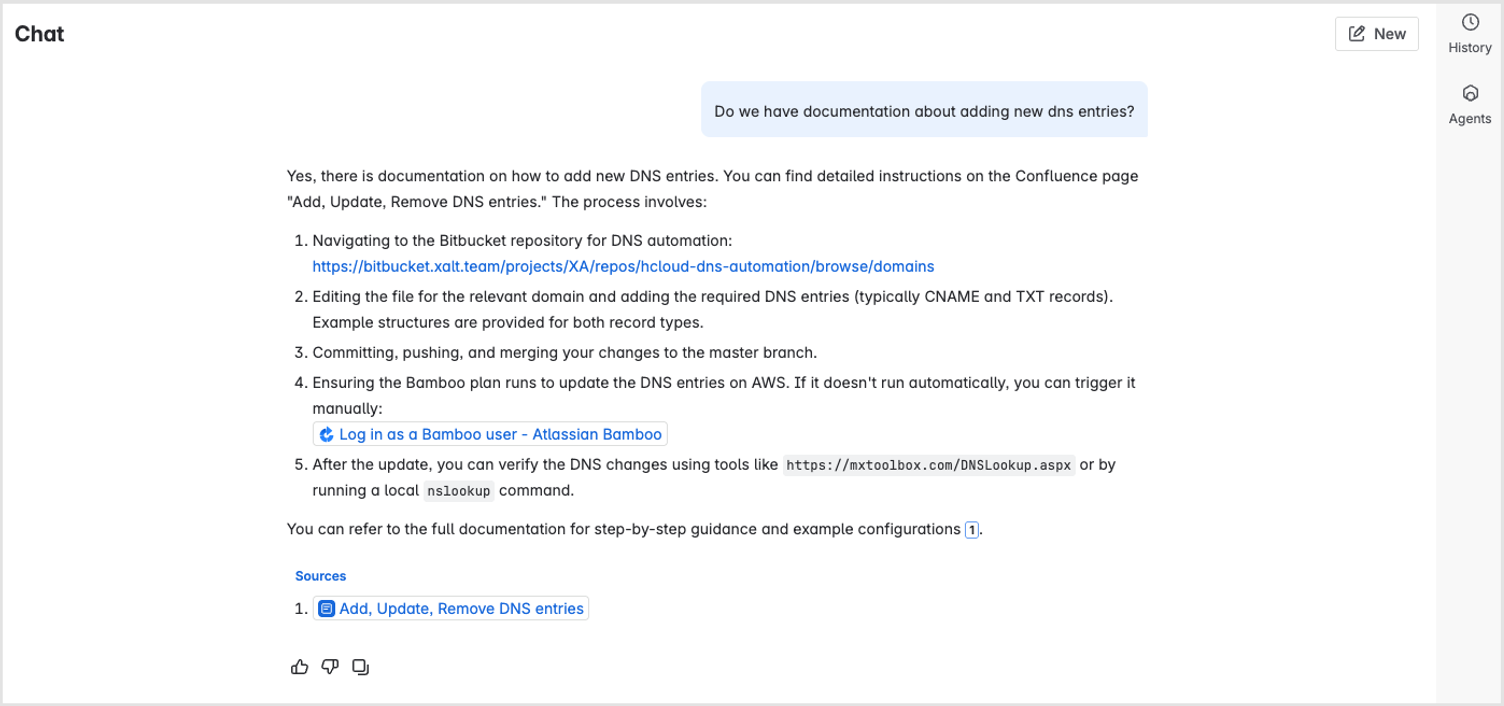 Ein Rovo-Chat: gefragt wird nach Doku zu DNS-Einträgen, die Antwort listet fünf Schritte mit Links zu Bitbucket und Bamboo und nennt die Quellseite