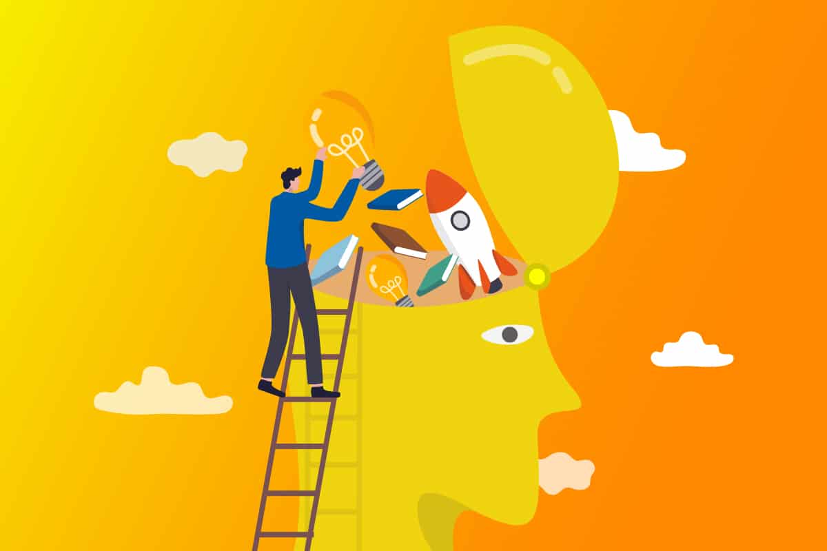 Illustration von Wissensmanagement mit einer Person auf einer Leiter die eine Glühbirne in einen offenen Kopf setzt, umgeben von Büchern und einer Rakete.