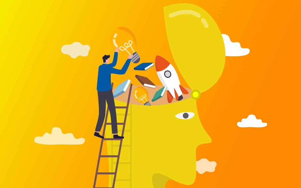Illustration von Wissensmanagement mit einer Person auf einer Leiter die eine Glühbirne in einen offenen Kopf setzt, umgeben von Büchern und einer Rakete.