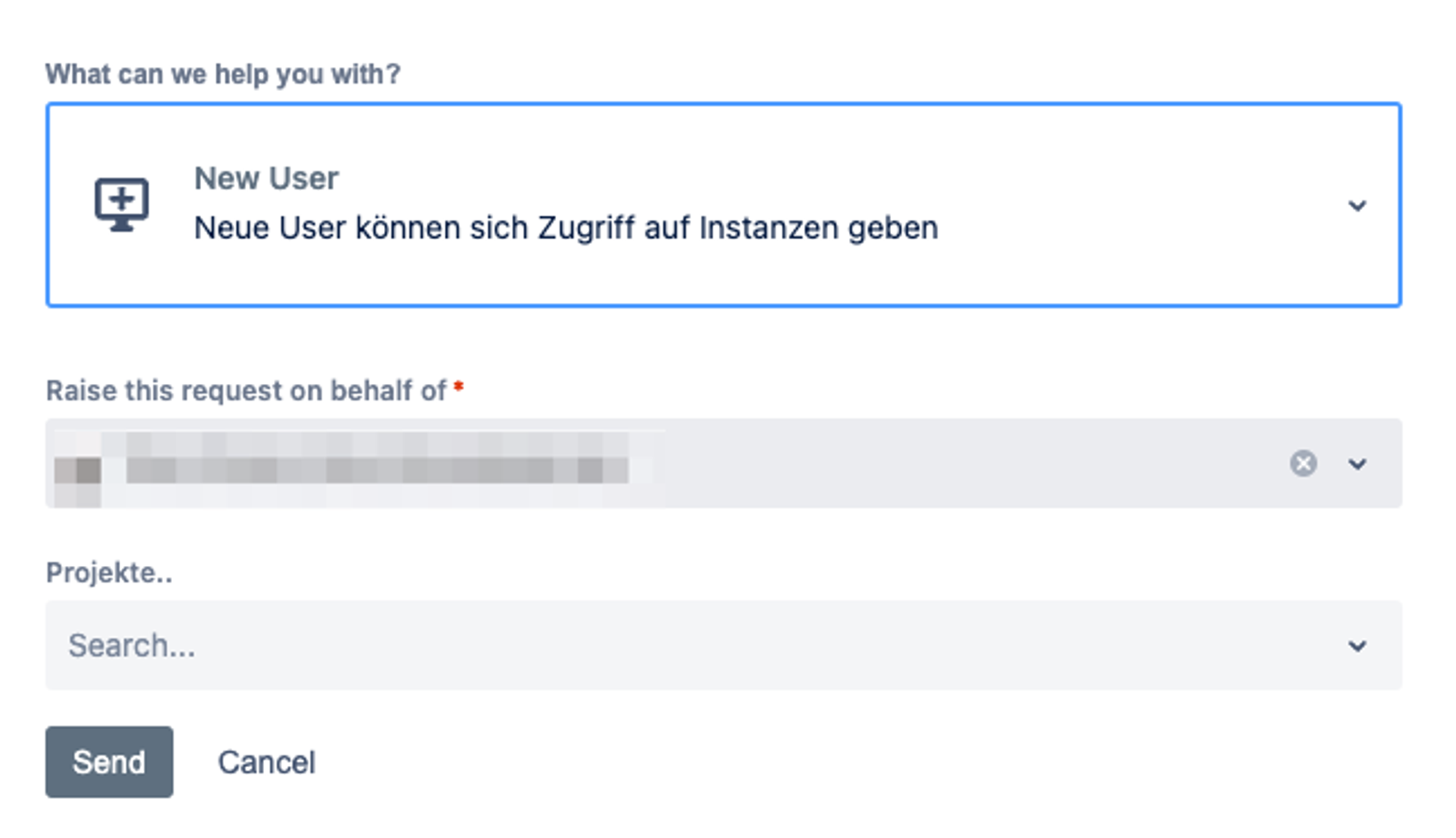 Das Antragsformular im Self-Service-Portal: Auswahl „New User“, darunter die Felder für Auftraggeber und Projekt