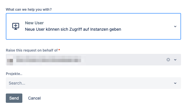 Das Antragsformular im Self-Service-Portal: Auswahl „New User“, darunter die Felder für Auftraggeber und Projekt