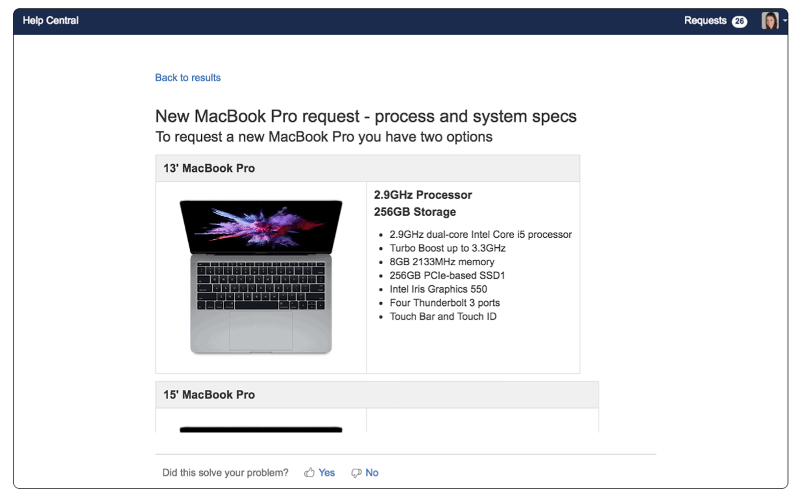Ein Wissensdatenbank-Artikel zu einer MacBook-Pro-Anfrage mit Ausstattungsangaben