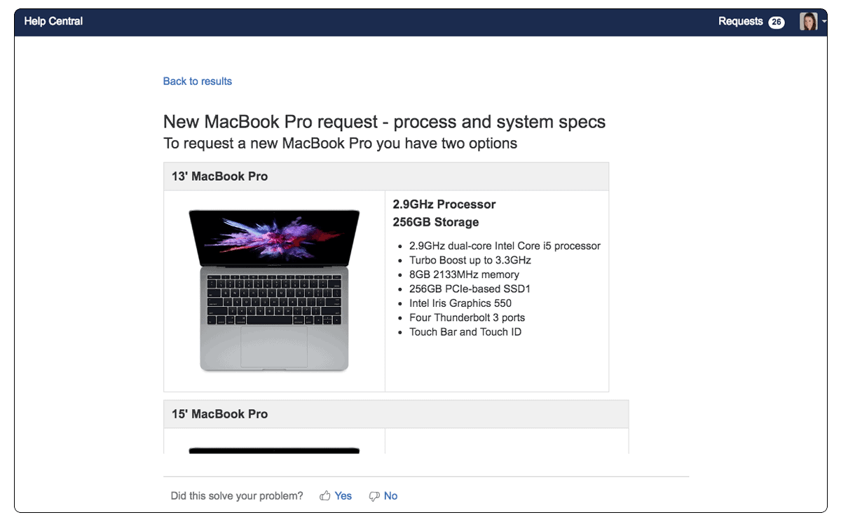Ein Wissensdatenbank-Artikel zu einer MacBook-Pro-Anfrage mit Ausstattungsangaben