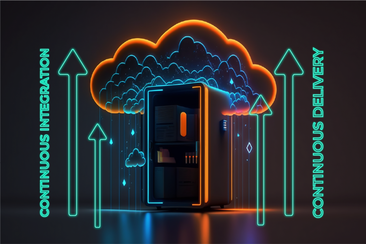 Ein Serverschrank mit Neonlinien, aus dem eine leuchtende Wolke mit aufsteigenden Pfeilen hervorgeht
