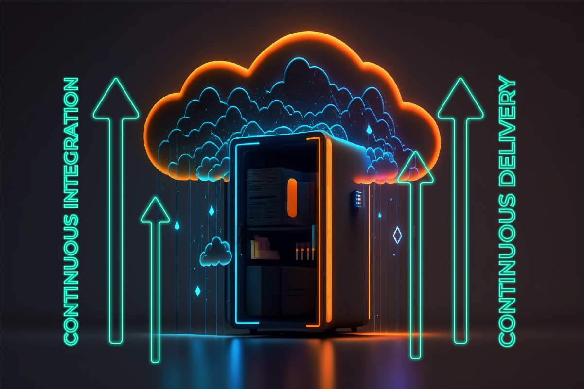 Ein Serverschrank mit Neonlinien, aus dem eine leuchtende Wolke mit aufsteigenden Pfeilen hervorgeht