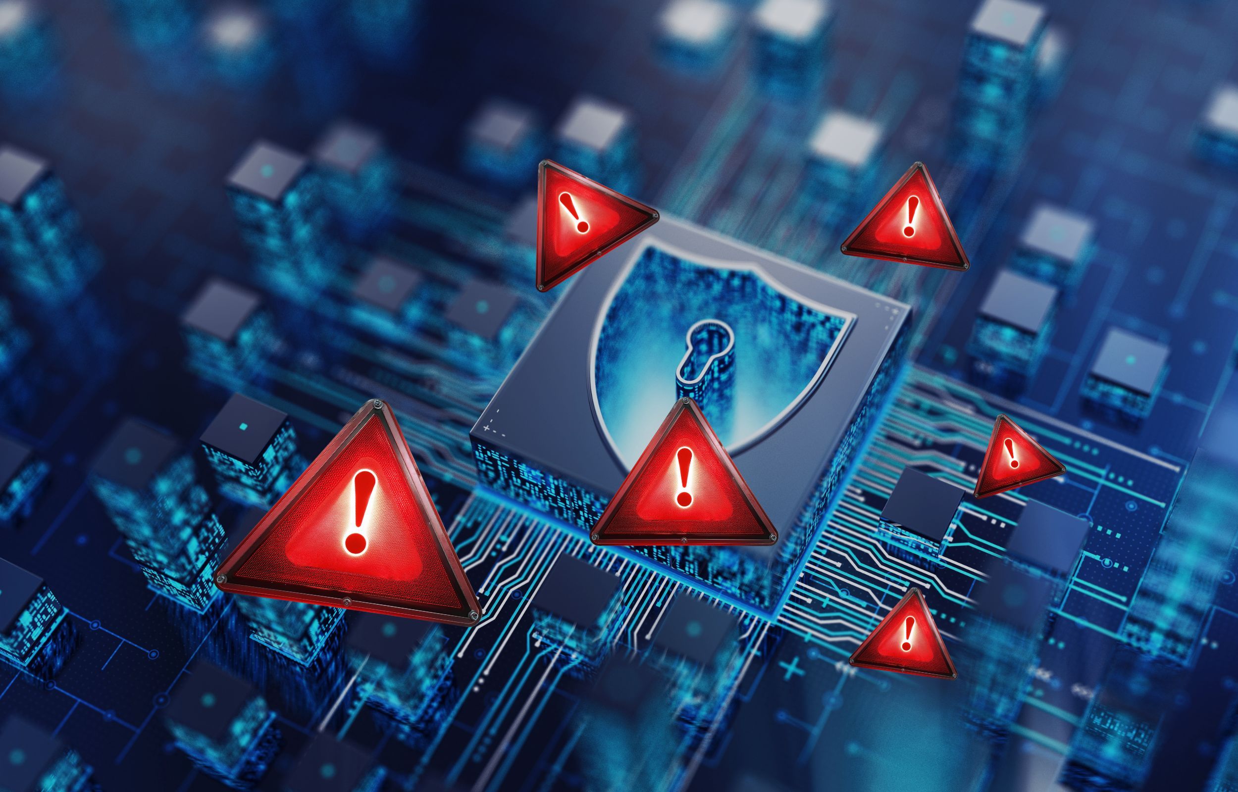 Circuit Board mit roten Warnschildern und blauem Schild mit Fragezeichen — Symbol für Sicherheitsrisiken im Software-Entwicklungsprozess.