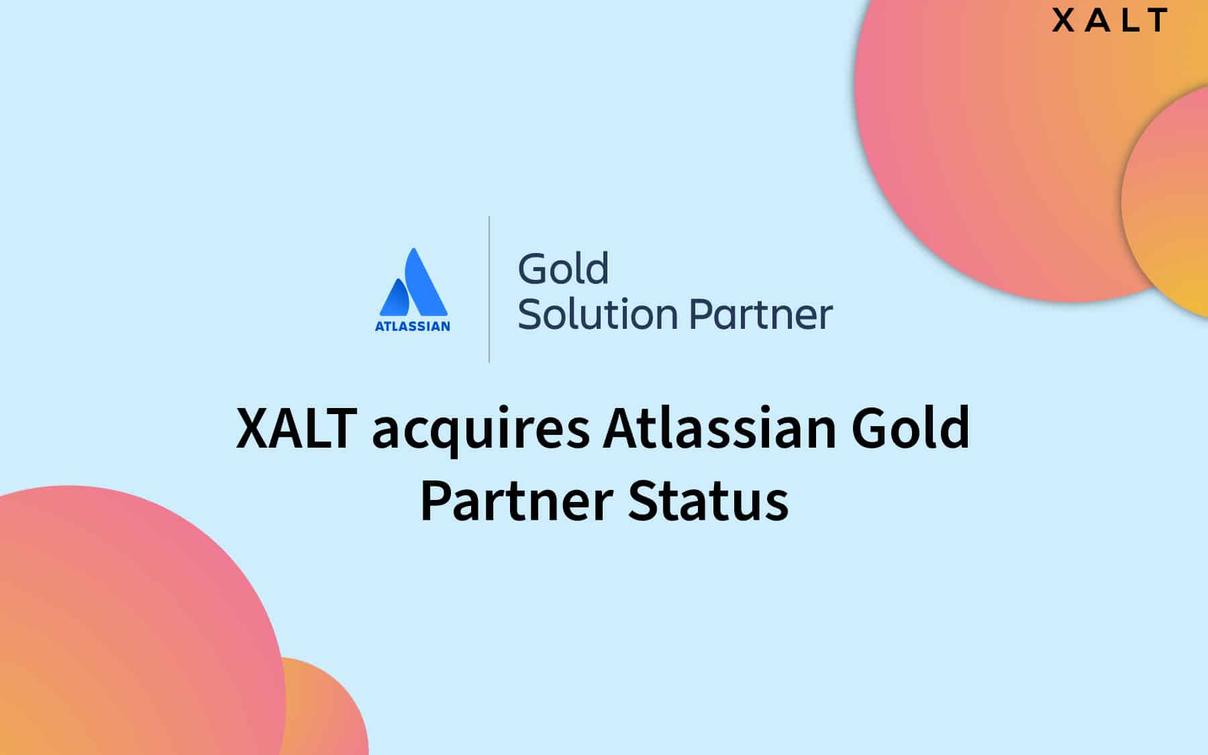 Atlassian Gold Solution Partner Logo mit dem Text XALT acquires Atlassian Gold Partner Status auf hellblauem Hintergrund.
