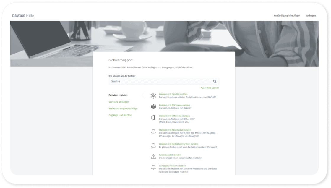 Startseite von DAV360 Hilfe: Suchfeld und eine Liste von Anfragearten, von „Problem mit DAV360 melden“ bis „Sonstiges Problem melden“