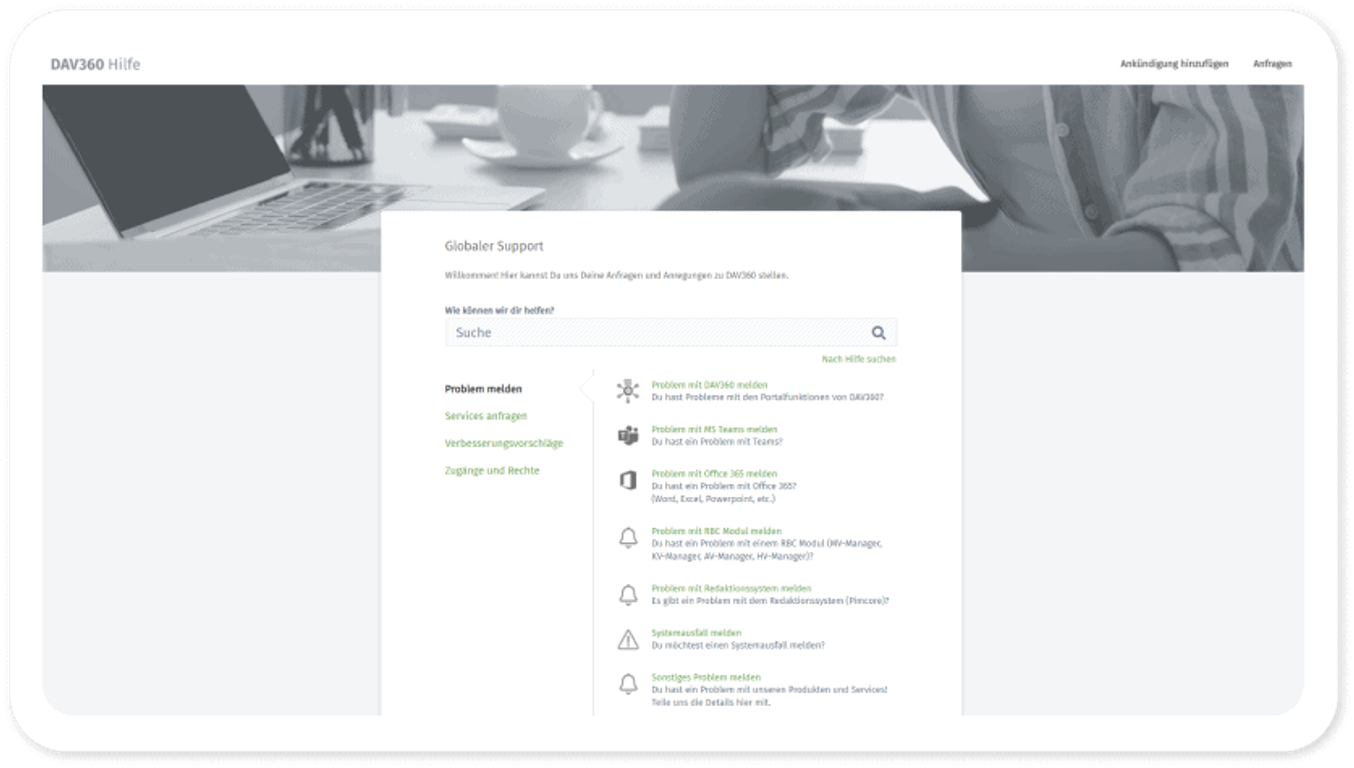 Startseite von DAV360 Hilfe: Suchfeld und eine Liste von Anfragearten, von „Problem mit DAV360 melden“ bis „Sonstiges Problem melden“