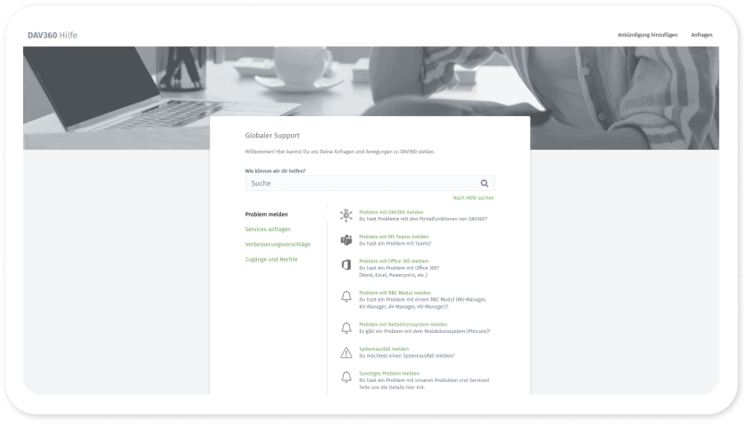 Startseite von DAV360 Hilfe: Suchfeld und eine Liste von Anfragearten, von „Problem mit DAV360 melden“ bis „Sonstiges Problem melden“