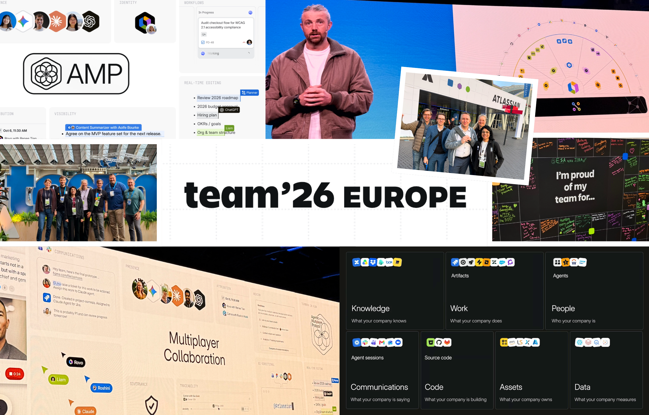 Collage with Team ’26 Europe lettering, an AMP diagram, Atlassian interfaces and a photo of the XALT team.