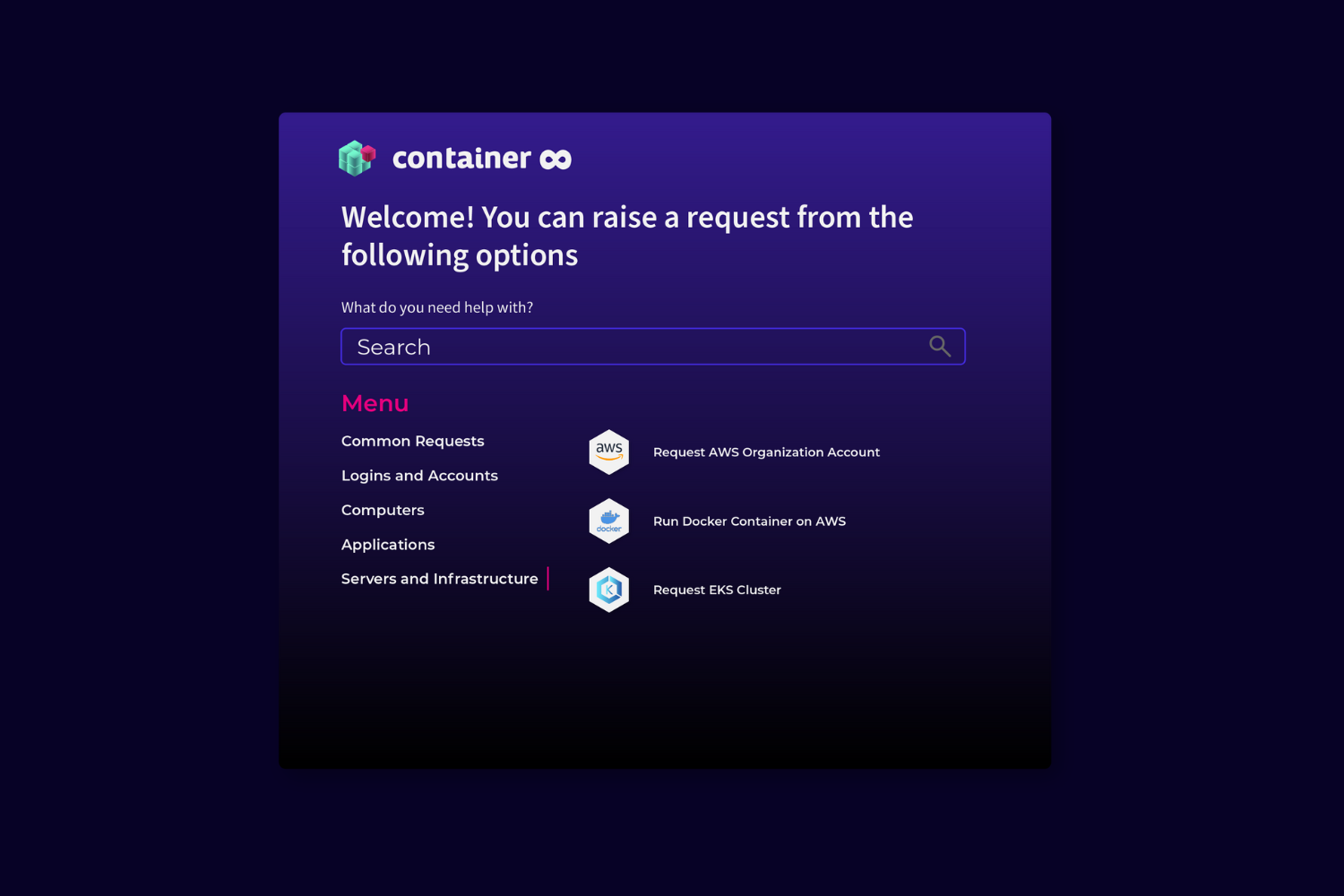 Self-Service-Portal-Oberfläche container mit Suchleiste und Anfrage-Menü auf lila Hintergrund.