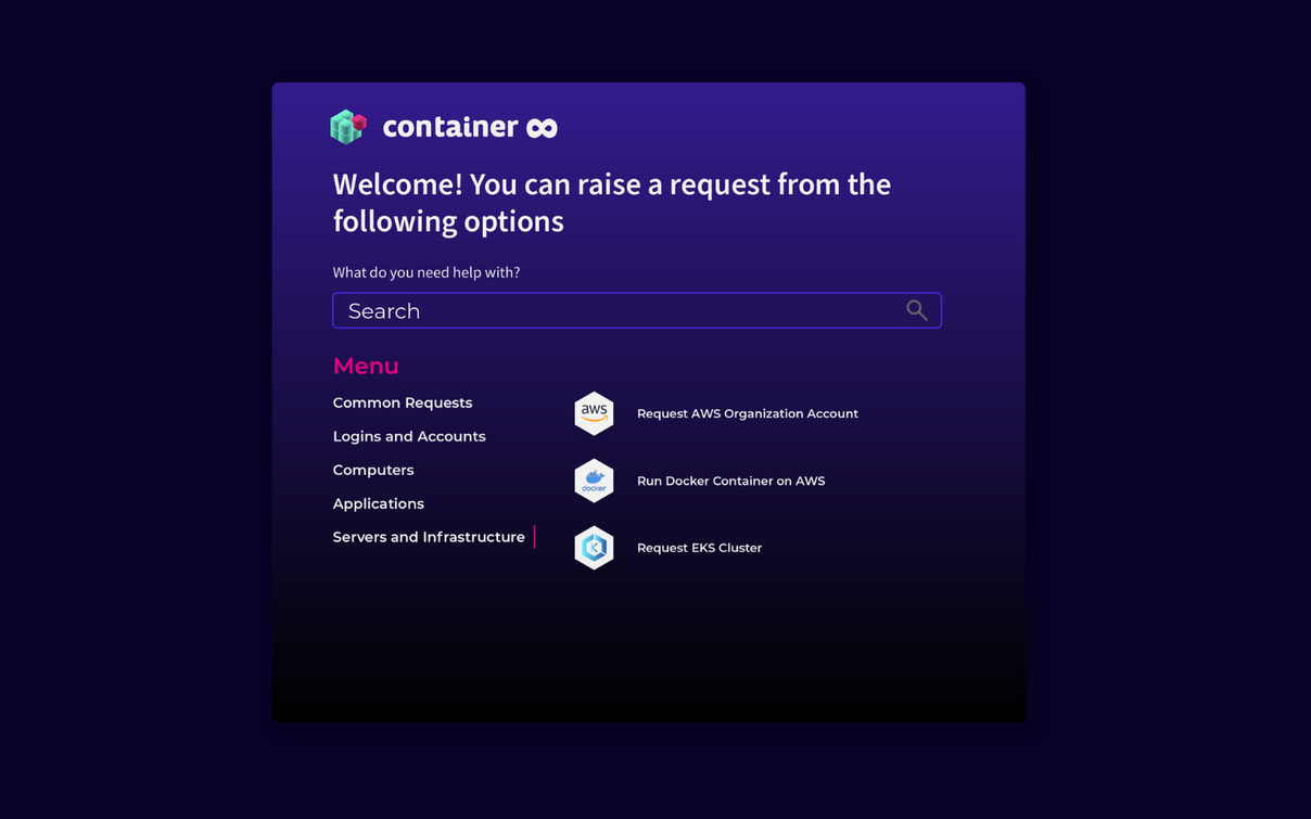 Self-Service-Portal-Oberfläche container mit Suchleiste und Anfrage-Menü auf lila Hintergrund.